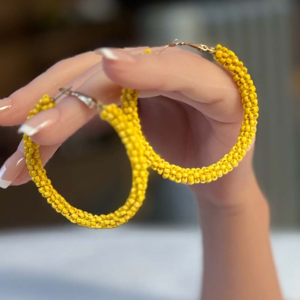 Bright Yellow Seed Bead Hoop Earrings Boho Summer Festival Vibes - Picture 2 of 9